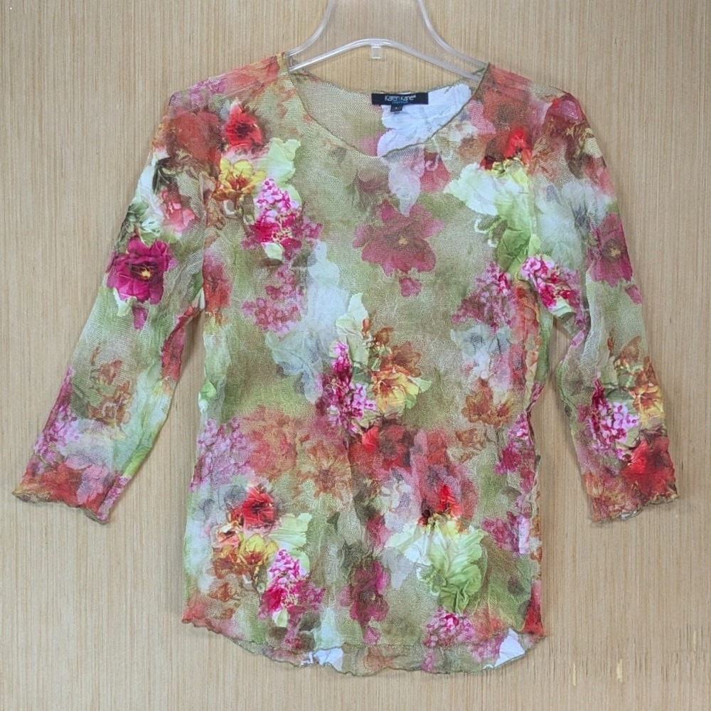 Karen Kane Womens Y2K‎ Boho Fairy Cottage Festival Floral Mesh Top Size L Green